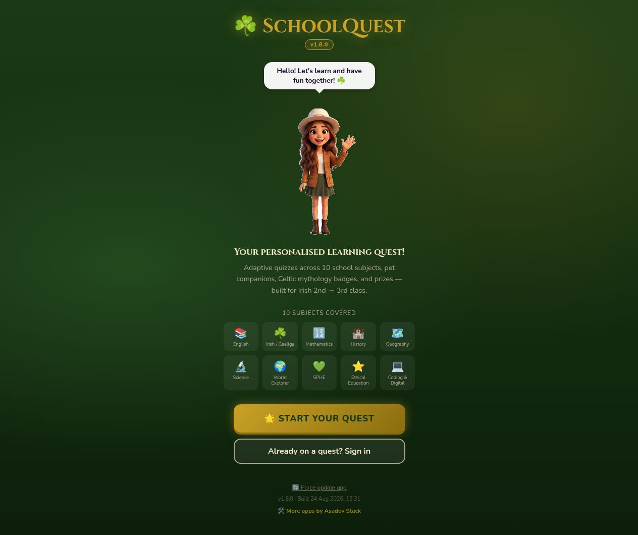 SchoolQuest — adaptive quiz and pet companion view
